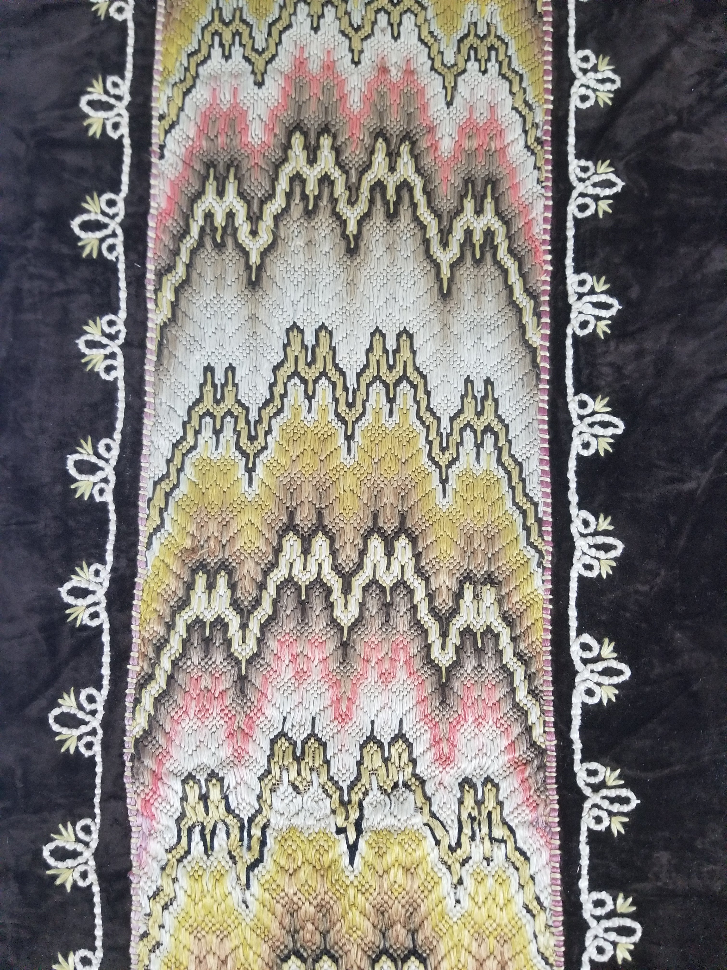 Antique Rare Italian Flame Stitch Velvet Textile Runner 312x56cm